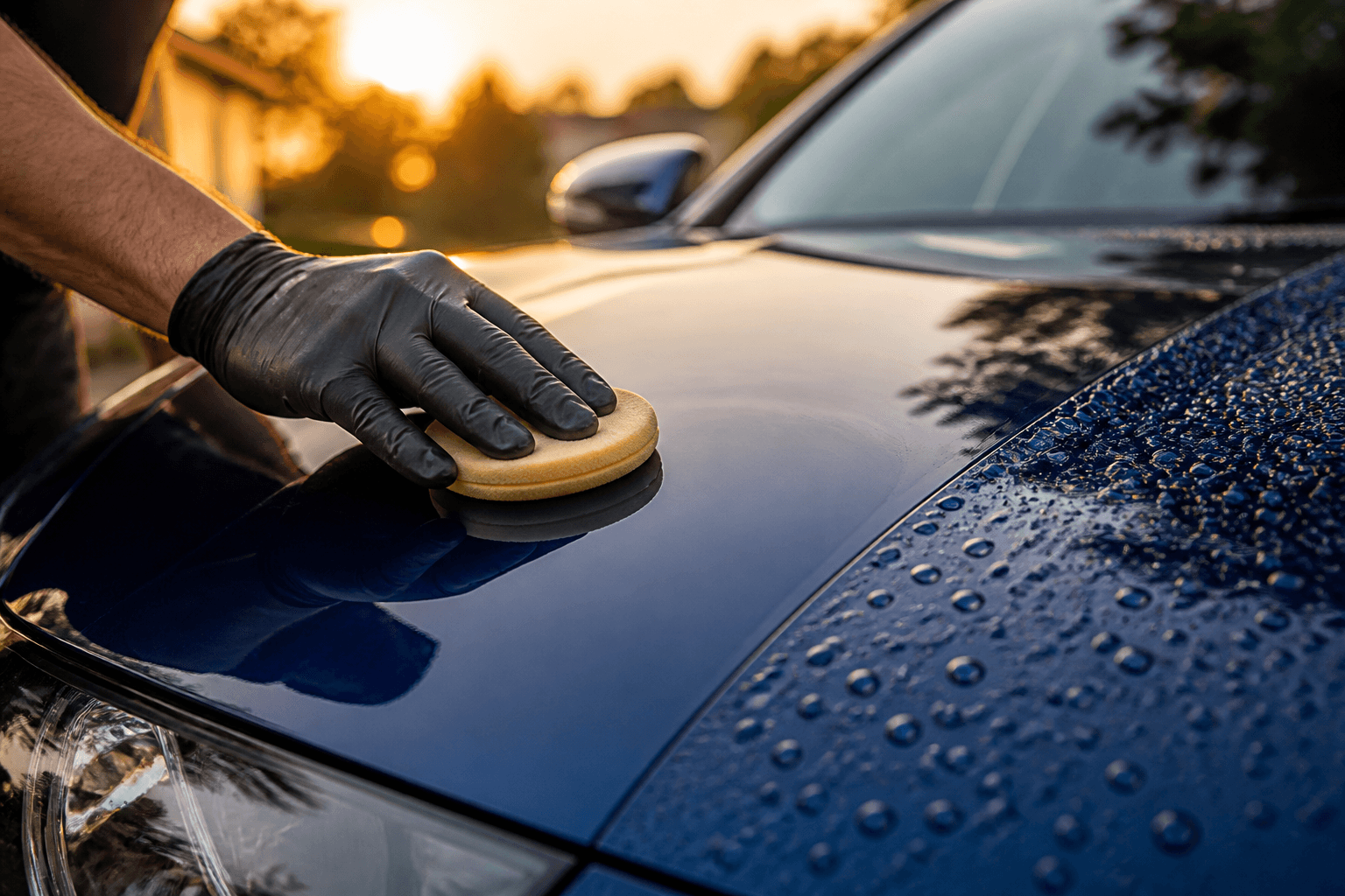 Professional hand wax application on a glossy car hood